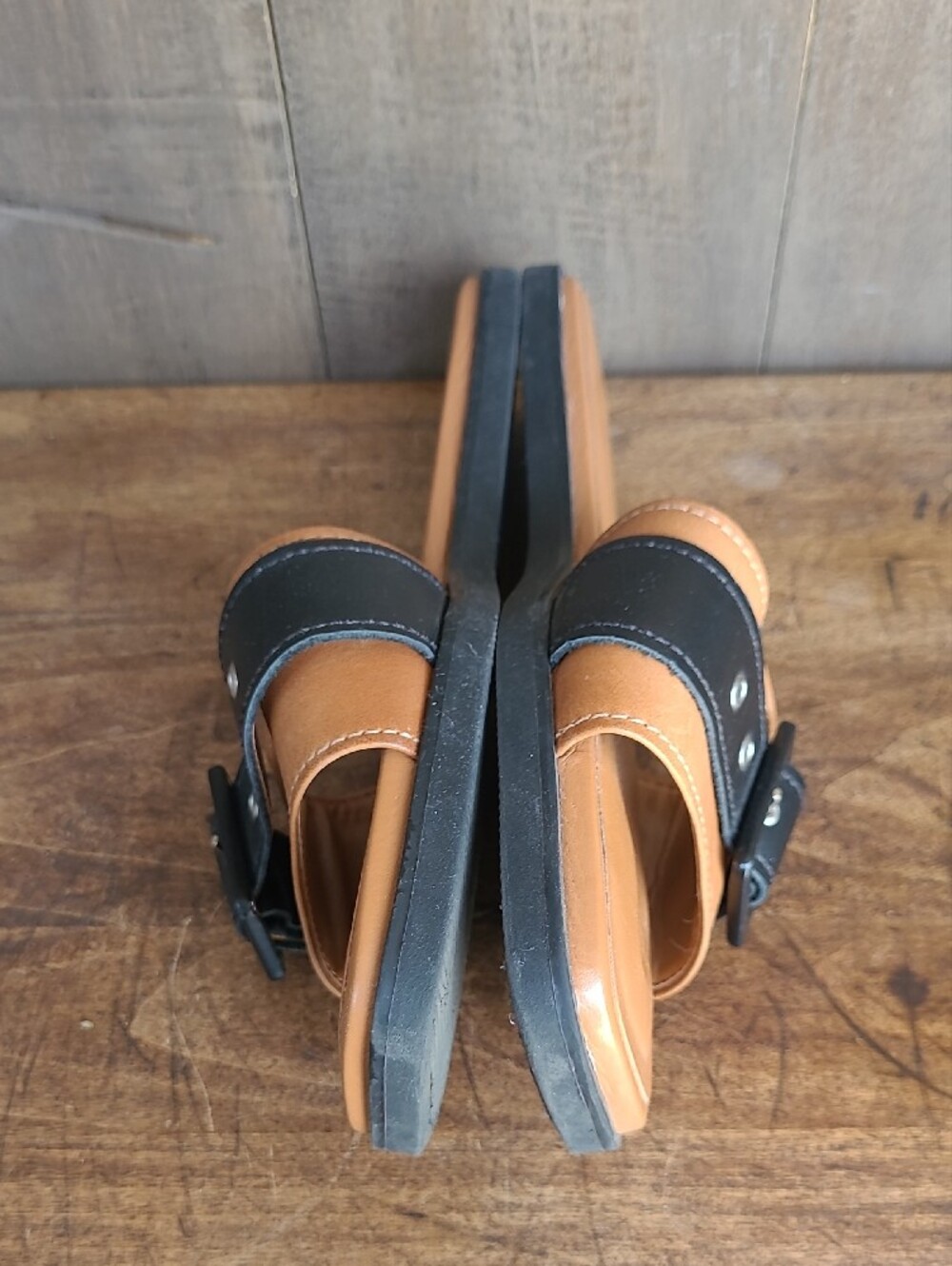 EUC Anthropologie Buckle Slides Women's sz 37/6.5US Cedar/Black Leather Sandals - Picture 7 of 10